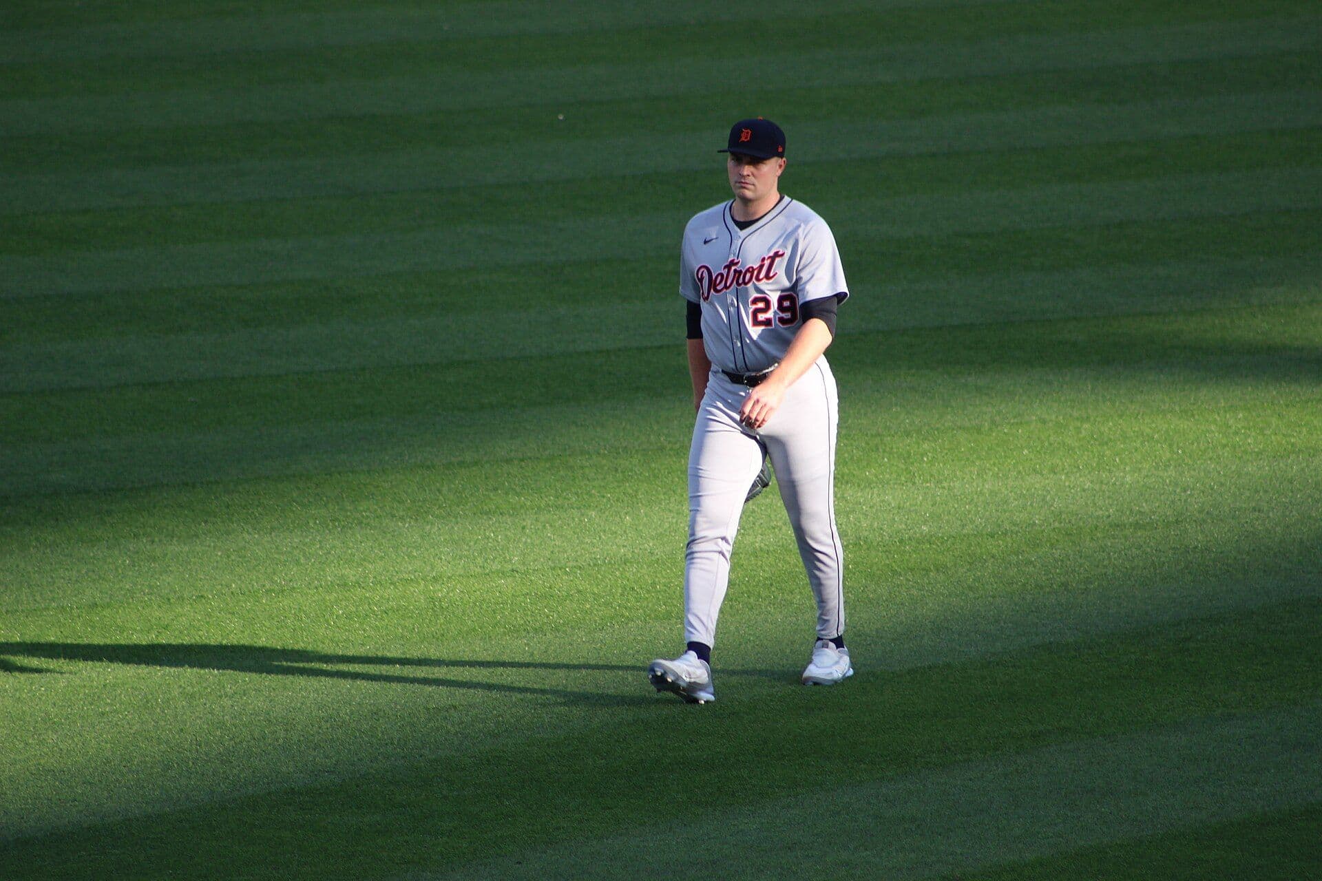 Tarik Skubal in a gray Detroit Tigers road uniform standing on the outfield grass in golden light, cap and jersey number 29 visible.