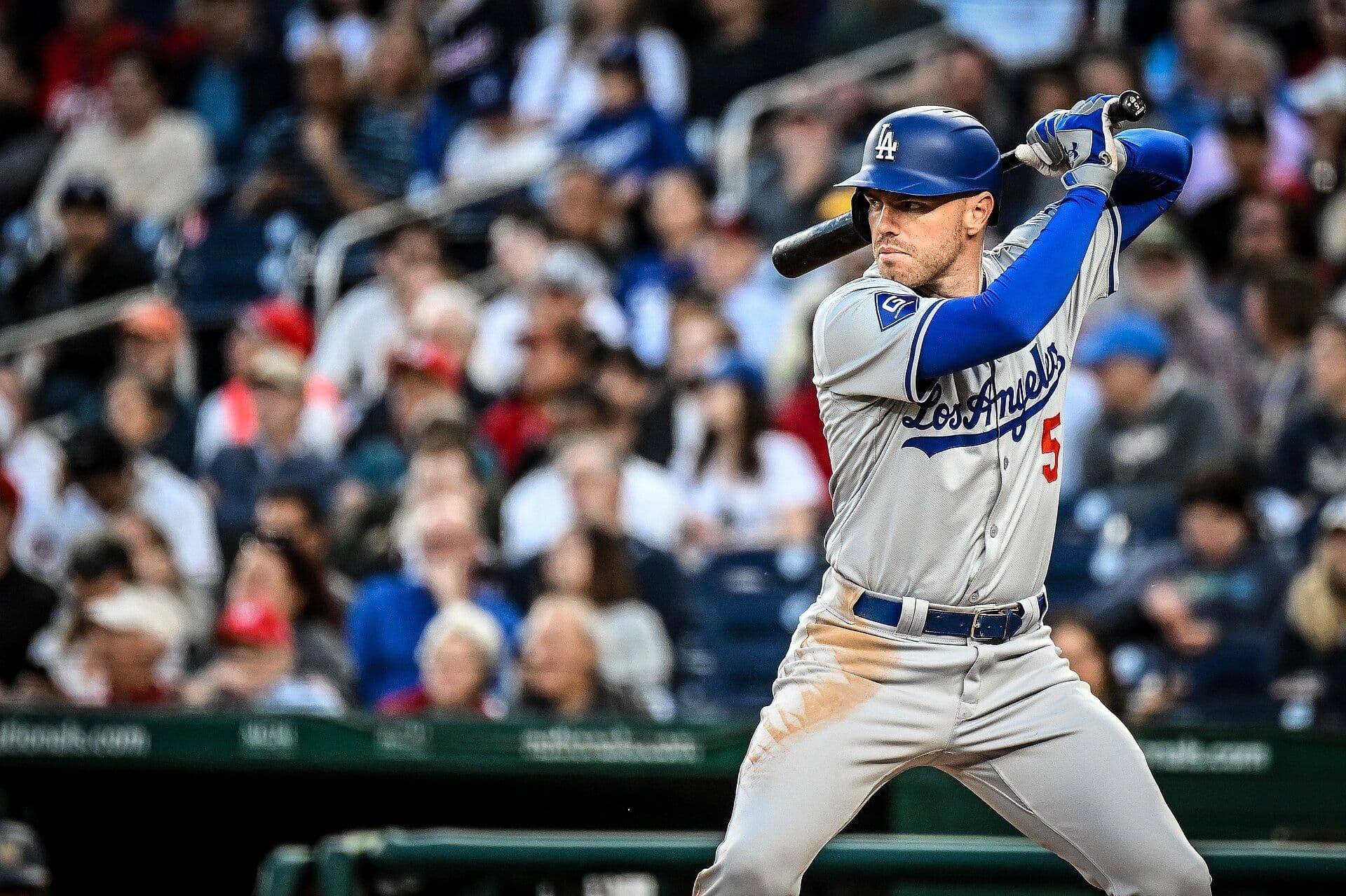 Los Angeles Dodgers first baseman Freddie Freeman in his batting stance in a gray road uniform, number 5
