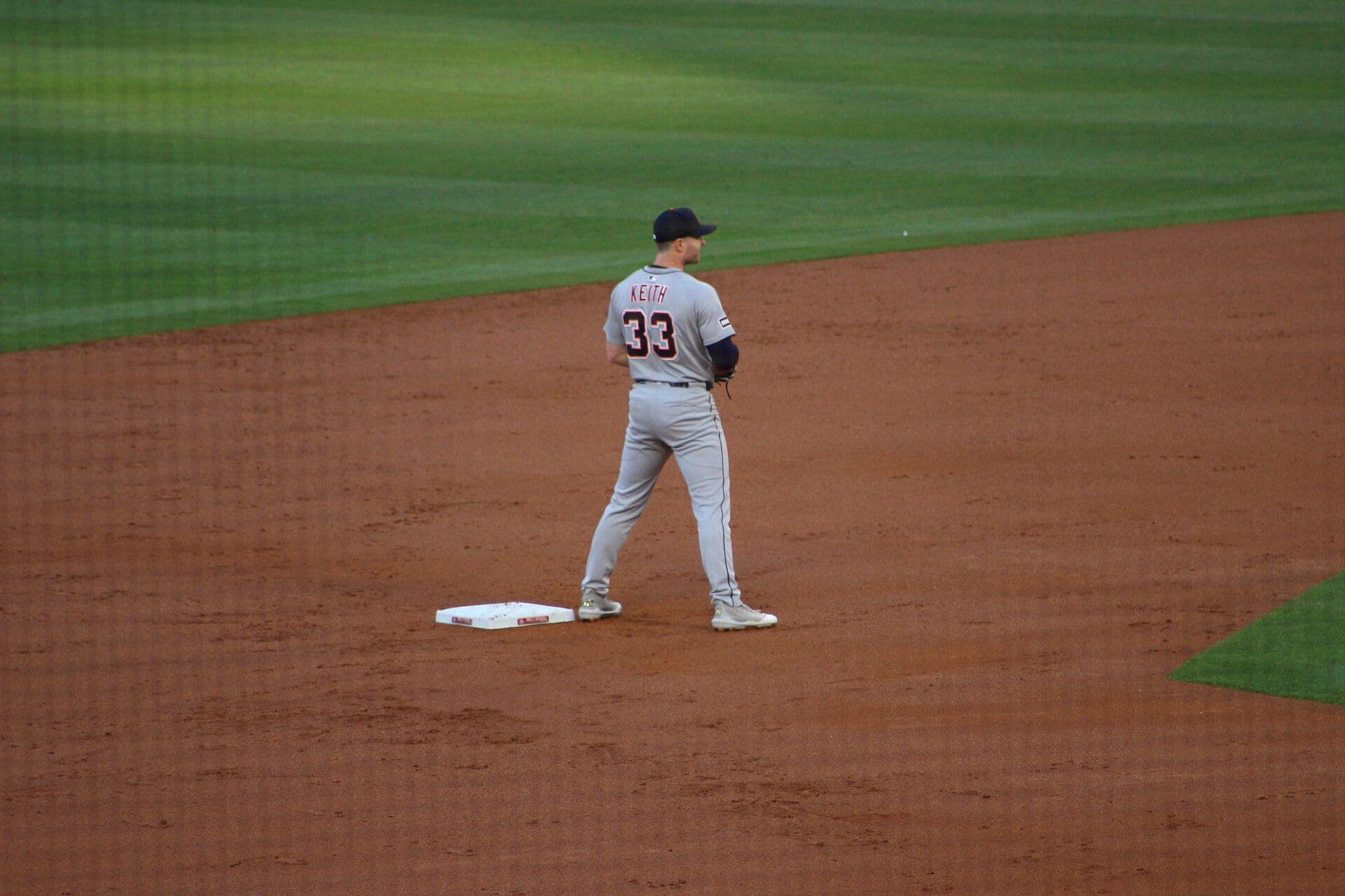 Detroit Tigers infielder Colt Keith, wearing grey road uniform number 33, standing on the infield dirt near second base during a game.
