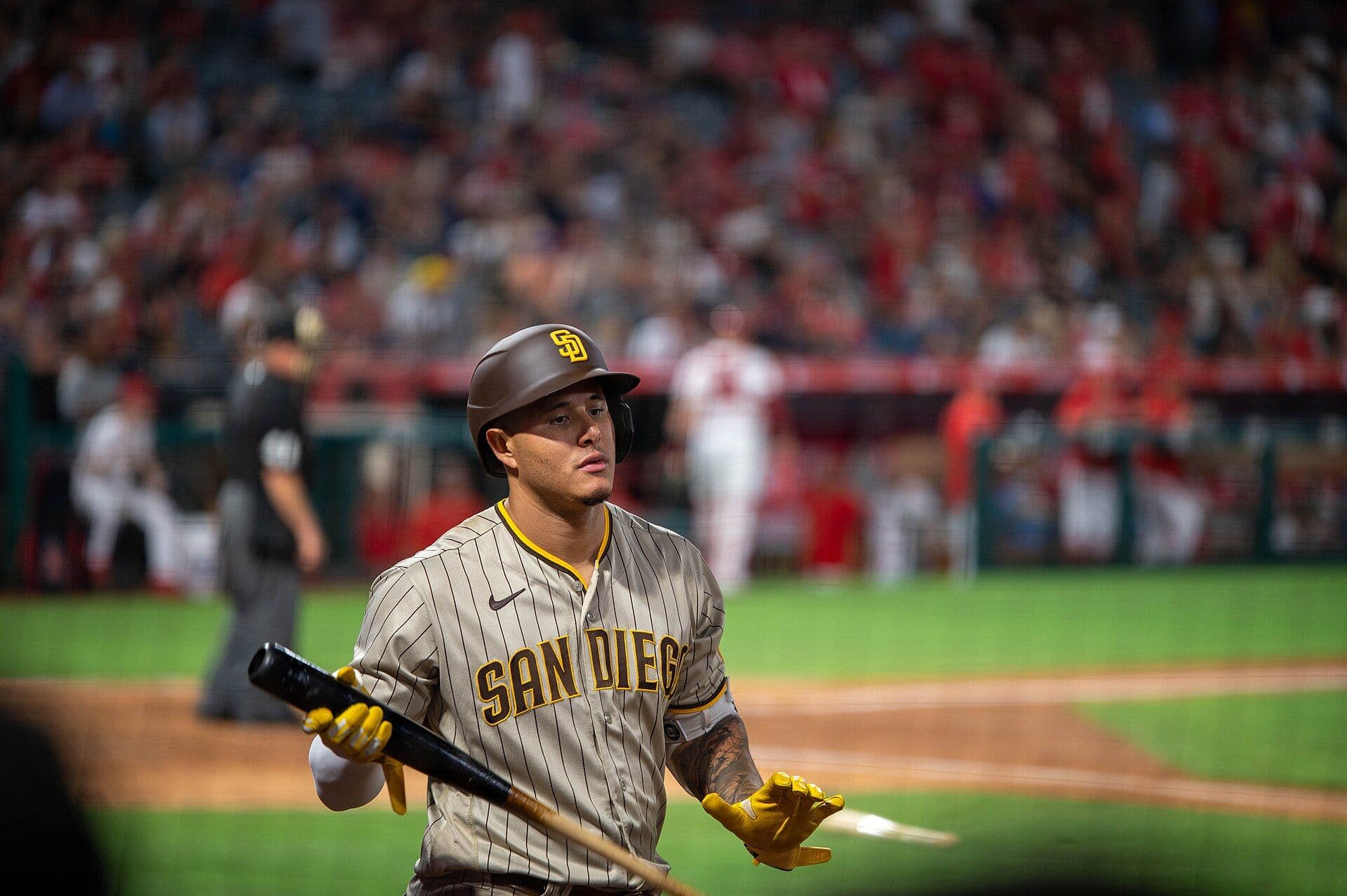 San Diego Padres third baseman Manny Machado in a gray pinstriped San Diego road jersey and brown SD batting helmet, holding his bat as he steps away from home plate.