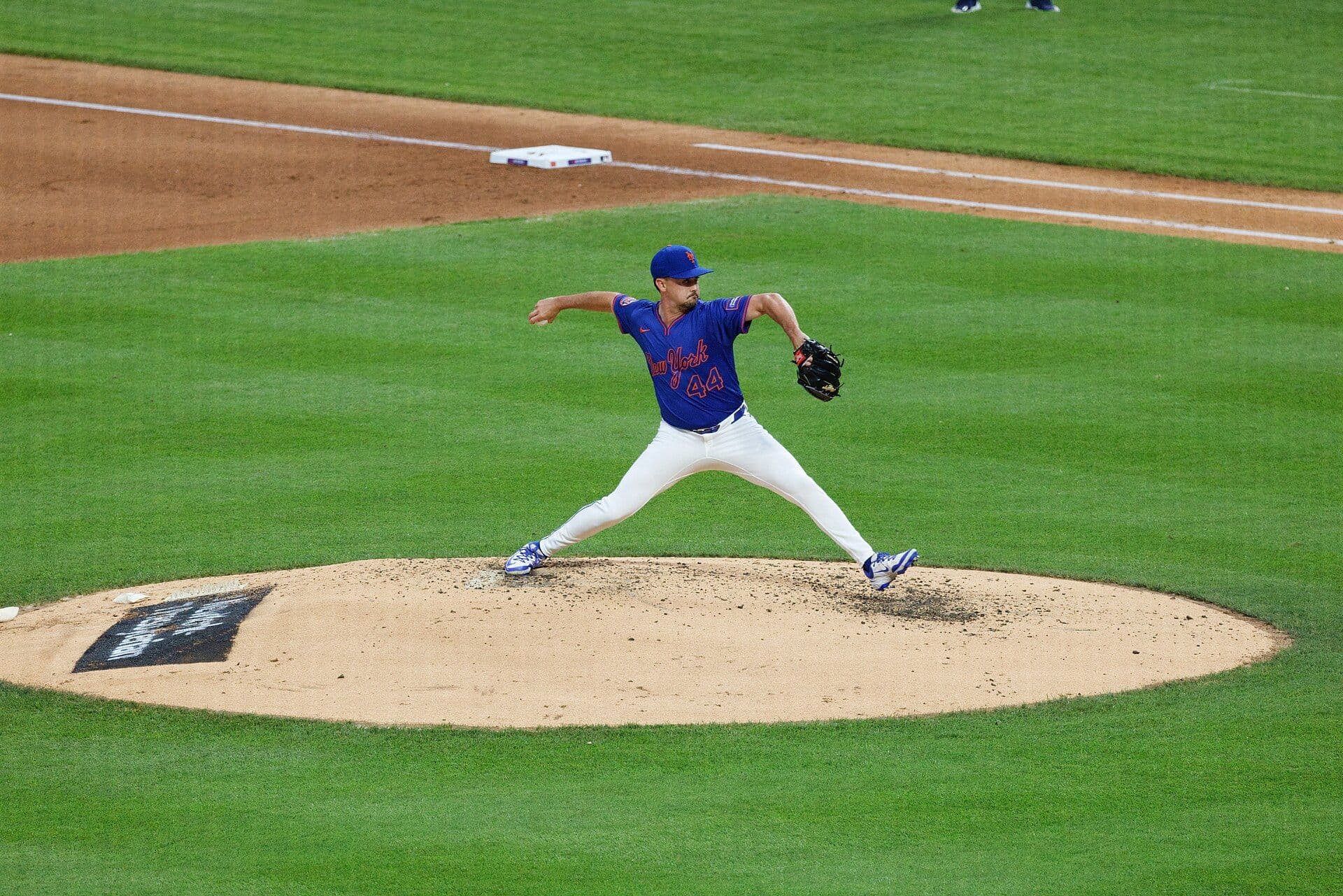 A pitcher delivers from the mound during a Major League Baseball game.